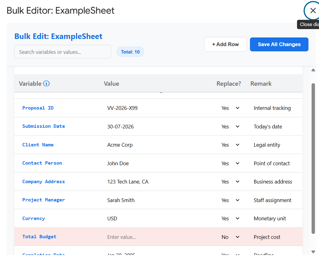 Bulk editor variable dialog table screenshot