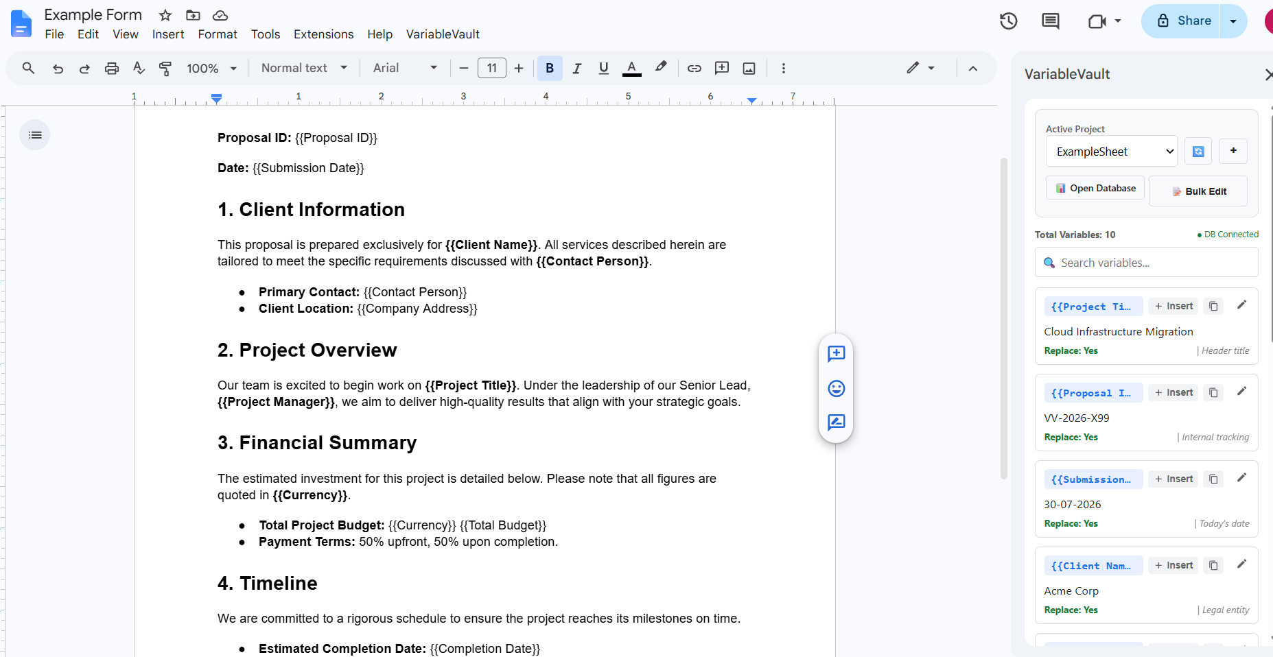 VariableVault Google Docs Integration