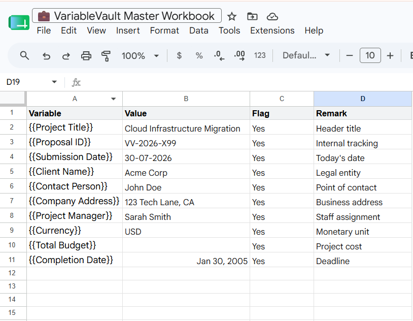 Google Sheets variable database screenshot