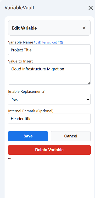 Edit variable inline form screenshot