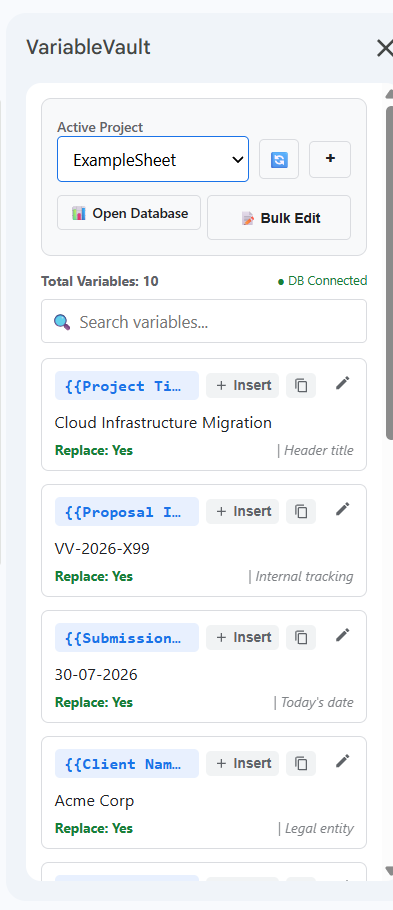 VariableVault sidebar variable list screenshot